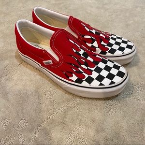 Vans Checker Flame Racing Red and White Slip Ons